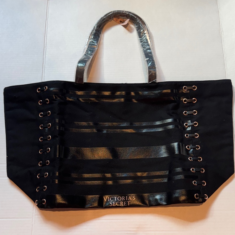 Victoria's Secret Black Lace-Up Stripe Tote